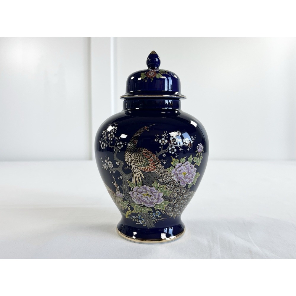 Vintage Japanese Porcelain Ginger Jar Cobalt Blue Gold Peacock Lidded Vase 8"